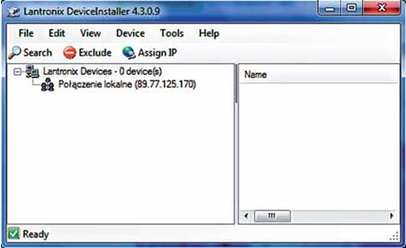 Okno oprogramowania Lantronix DeviceInstaller